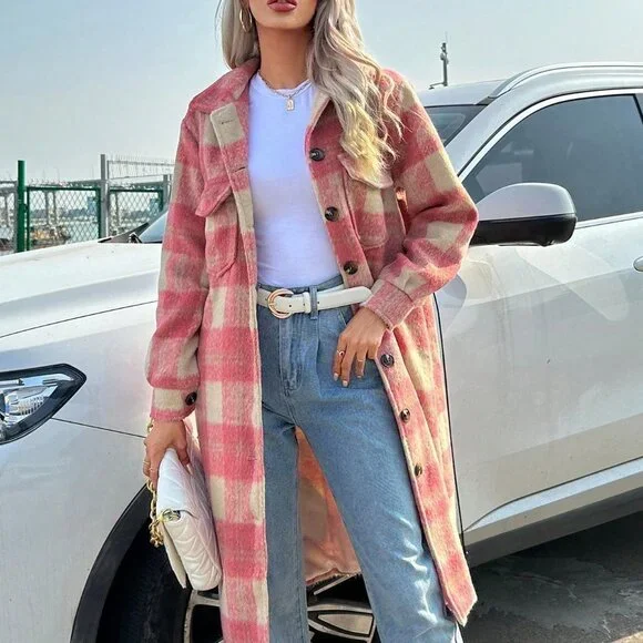 Casual Plaid Print Flap Pocket Overcoat - Picture 4 of 5